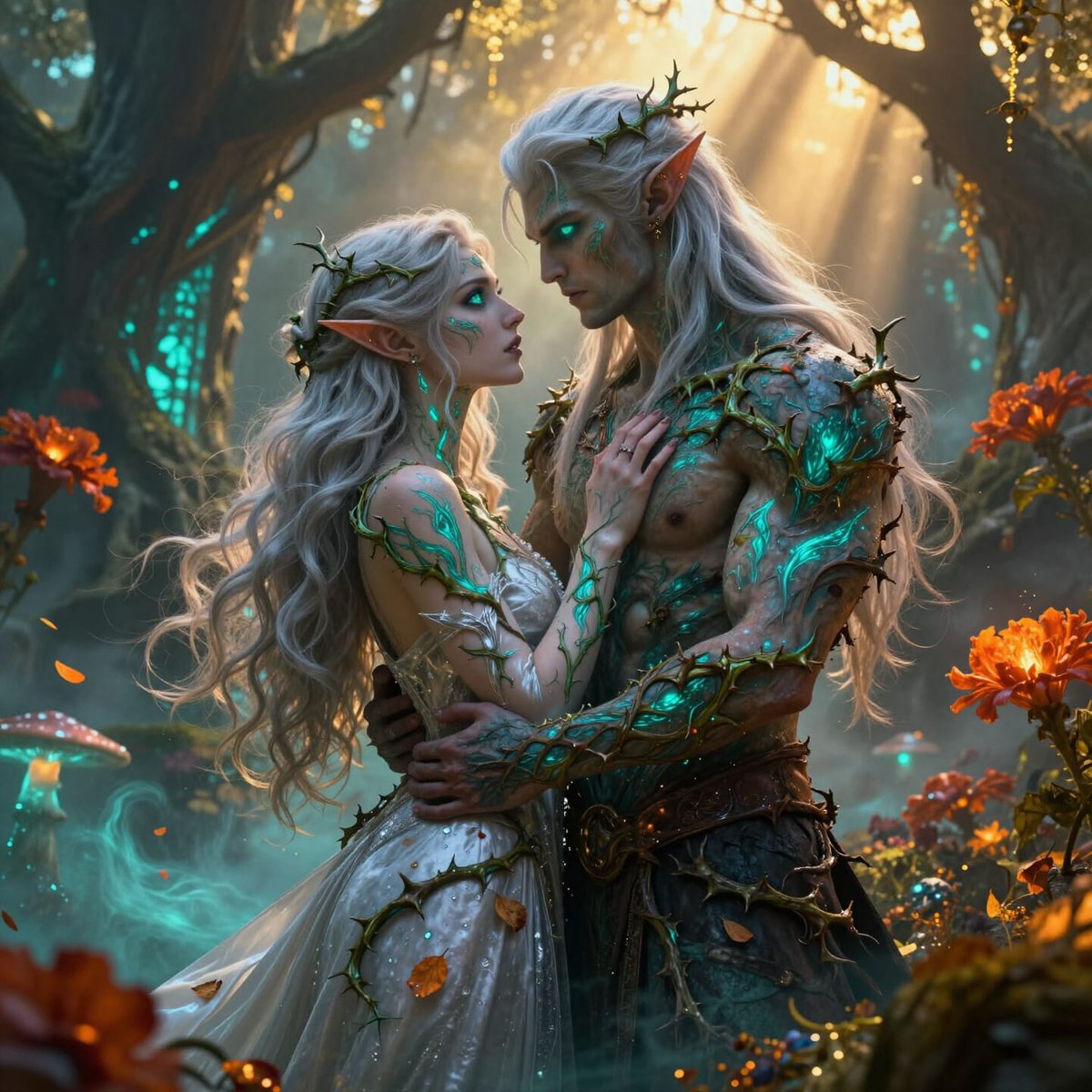 DragonDesigns86's tweet photo. In the shadow of the Mother Tree, a wood-elf shares a tender embrace with Lirael Voss… 

Love in the corrupted groves was never meant to be gentle.

Would you hold on… or let go? 🌿❤️🌑

#ElfWorld #DarkFantasy #DawnClad https://t.co/V6Ja4OYcpV