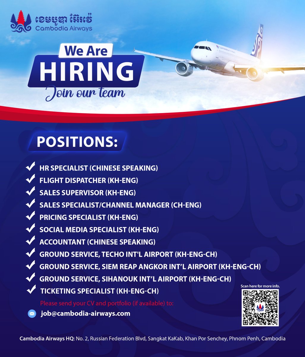 CambodiaAirways's tweet image. [Join our growing team!] 

Cambodia Airways is expanding our team and seeking talented professionals. 

#CambodiaAirways #WeAreHiring #jobopportunities #airlines