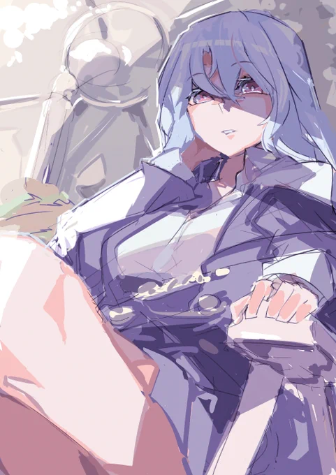 #ワンドロ 服装 『ケープ』 持ち物 『ハンバーガー』 表情 『見下す』 場所 『ガーデンパラソル』