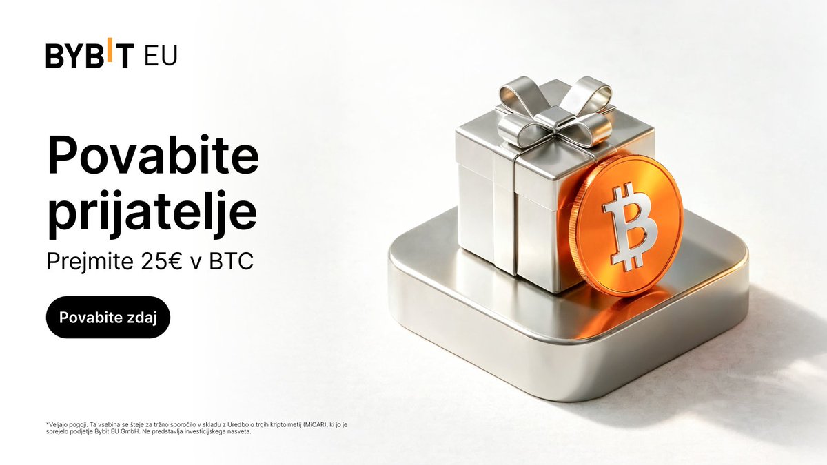 Delite dostop. Delite priložnost.

Z Bybit EU referral programom lahko vsakemu povabilu dodate še vrednost.

Ko vaš prijatelj opravi vplačilo 100€ v 7 dneh, oba prejmeta 25€ v BTC.

Preprost način, da skupaj začnete — in nadaljujete.

Povabite zdaj 👉 i.bybit.eu/2HzabXcu