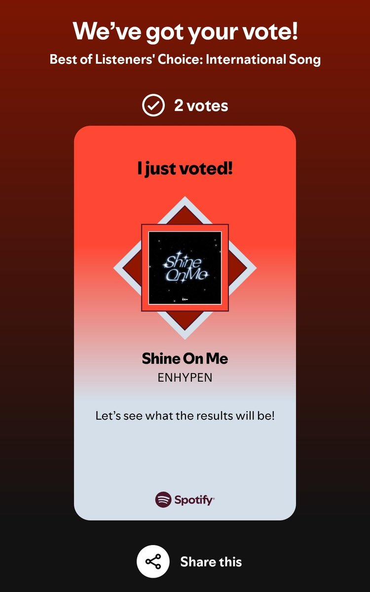 about__enhypen's tweet photo. VOTING REMINDER- 'Best of Listeners Choice: International Song' at Music Awards Japan

Open the playlist from the link > Click 'Vote' > Scroll down to Shine on Me and press on the '+' sign. 2 votes for premium accounts, 1 vote for regular > Click 'Vote'

https://t.co/id4Ll1L2Io https://t.co/1ctY8JpLFJ