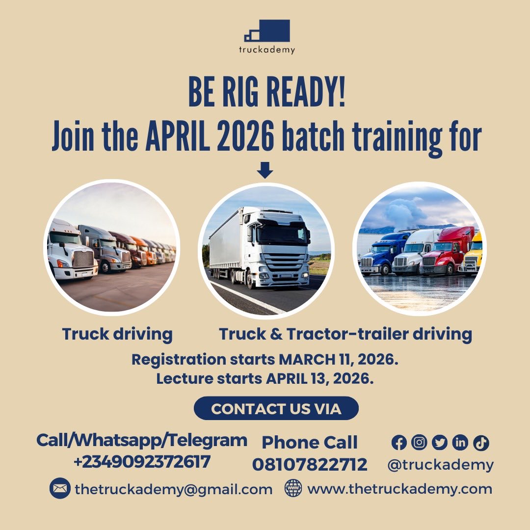truckademy's tweet photo. Registration for the April 2026 batch is on going. Register now by calling 08107822712 or WhatsApp 09092372617. We look forward to transforming you 

#Skill #trucking #truckademy #safety https://t.co/ayeEuxS1UM