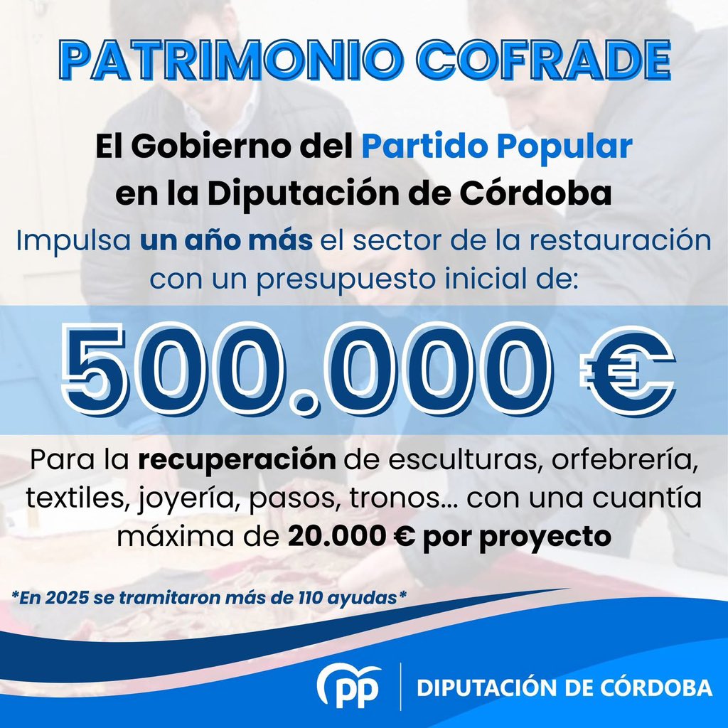 El Gobierno del PP de la Diputación mantiene, un año más, su compromiso con la restauración del patrimonio cofrade:

💶 20.000 € Por proyecto (Max. 80% del gasto total)
📆 Solicitudes del 27 de marzo al 30 de abril 
ℹ️ Toda la info aquí 👇

bop.dipucordoba.es/visor-pdf/26-0…