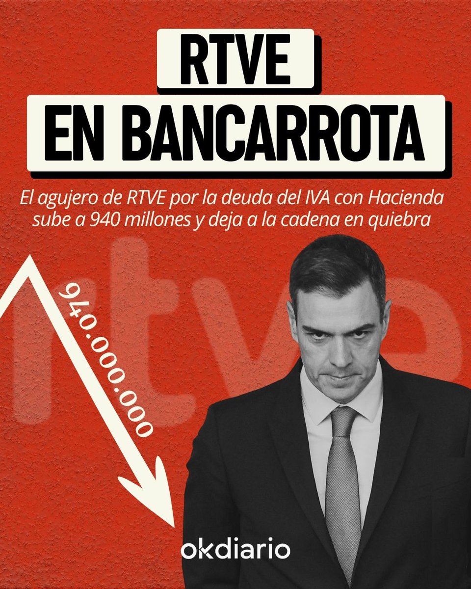 💥 RTVE, en quiebra.

El agujero de RTVE por la deuda del IVA con Hacienda sube a 940 millones y deja a la cadena en quiebra.

📲 Lee la noticia aquí: okdiar.io/41flmi9