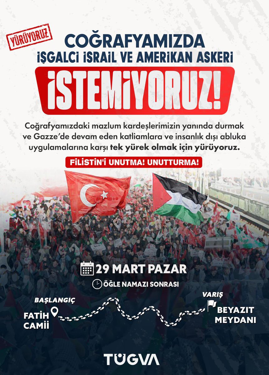 Yeryüzü mazlumlarının sesi, vicdan sahiplerinin omuzlarında yükselecek!

Gazze’deki mazlum kardeşlerimizin feryadını duyuyor, vicdanımızın sesini yükseltiyoruz. 'Coğrafyamızda işgalci İsrail ve Amerikan askeri İSTEMİYORUZ!' demek ve Filistin'i asla unutmamak için hep birlikte