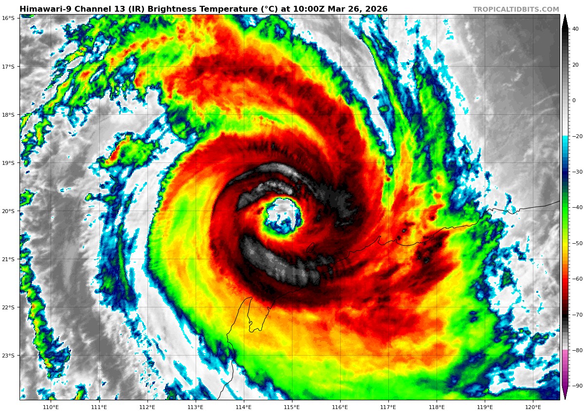 wxjerdman's tweet image. After first being tracked 10 days ago, #Tropical Cyclone #Narelle is nearing its final landfall in W. Australia at either Cat 3 or low end Cat 4 (US) intensity. 

Could be the Exmouth Peninsula's strongest cyclone in 27 years, since March 1999's Cyclone Vance.