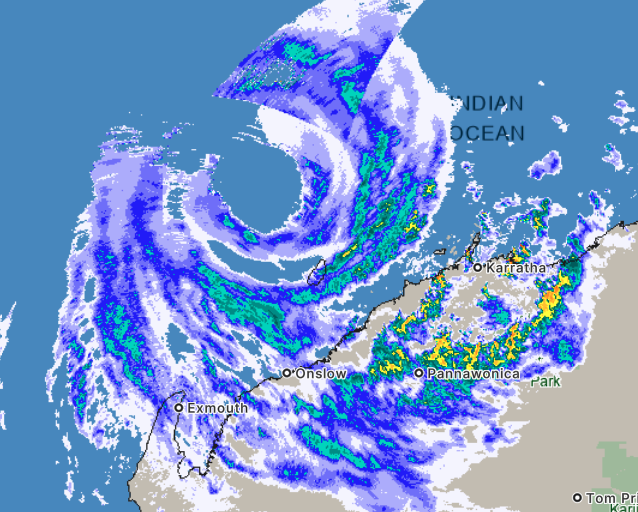 wxjerdman's tweet image. After first being tracked 10 days ago, #Tropical Cyclone #Narelle is nearing its final landfall in W. Australia at either Cat 3 or low end Cat 4 (US) intensity. 

Could be the Exmouth Peninsula's strongest cyclone in 27 years, since March 1999's Cyclone Vance.