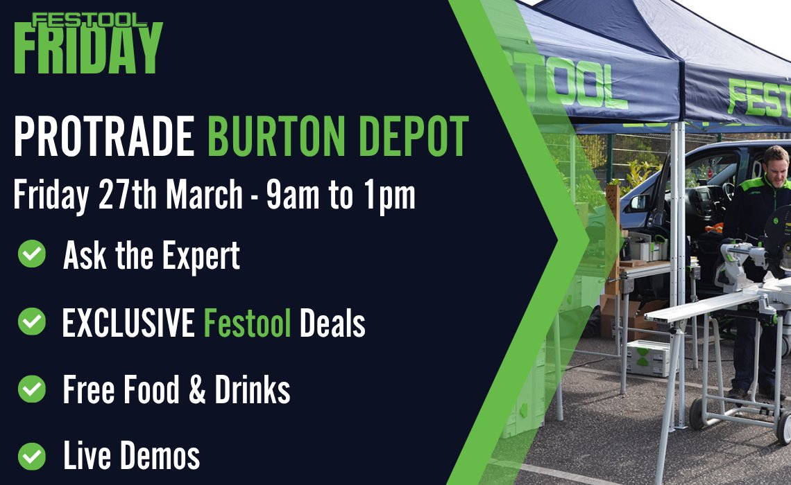 protradeuk's tweet image. #FestoolFriday is back at Protrade TOMORROW!

Make sure you don't miss the perfect in person event for any Festool Fan, only at our Burton Depot tomorrow. 

For more details on how to find our Burton Depot visit the link below:
protrade.co.uk/depots/burton

#powertools #festool