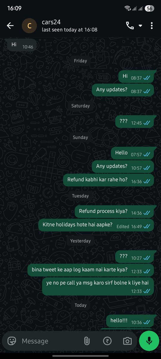 Heet05's tweet photo. @Cars24Support @Cars24Support @cars24india 
Its like I'm talking to myself 
Once u call &amp; ask me to save this number &amp; then u dont pick up calls, no reply to msgs, half time on leaves. Its 8 days your hi msg atleast be PROFESSIONAL https://t.co/BlHi6s2y6x