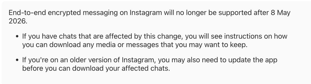 FirstDataUnion's tweet photo. ❓ Did you know Instagram is ending end-to-end encrypted messaging on May 8, 2026?

The announcement appeared quietly in their help documentation. Users with encrypted chats are being told to download their messages before the change.

🔒 Right now, Instagram's encrypted chats mean "not even Meta can read your messages."

📅 After that date, that protection goes away.

🔓 This is why data portability matters. When platforms change the rules, you should be able to take your data and leave without starting over.
