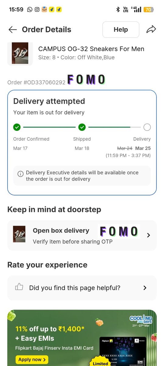 mdarifji's tweet photo. Hey @Flipkart @flipkartsupport, my order has been "Out for Delivery" for 48 hours now. It’s a pre-paid order and I’ve been waiting at home for two days. This is unacceptable service. Please look into this immediately! https://t.co/RDDVZoODZ8