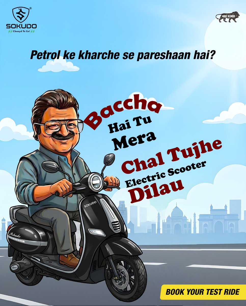 SokudoIndia's tweet photo. POV:
Tu petrol ka rate check kar raha hai daily 📉
Main sirf charge karke nikal raha hu ⚡

Sokudo chala…
samajh jayega asli game kya hai ⚡️

👉 Book your FREE test ride at your nearest showroom 🛵
.
.
.
.
.
.
#Dhurandhar2‌TheRevenge  #Dhurandhar2‌ #trending https://t.co/CxPM6AjIM7