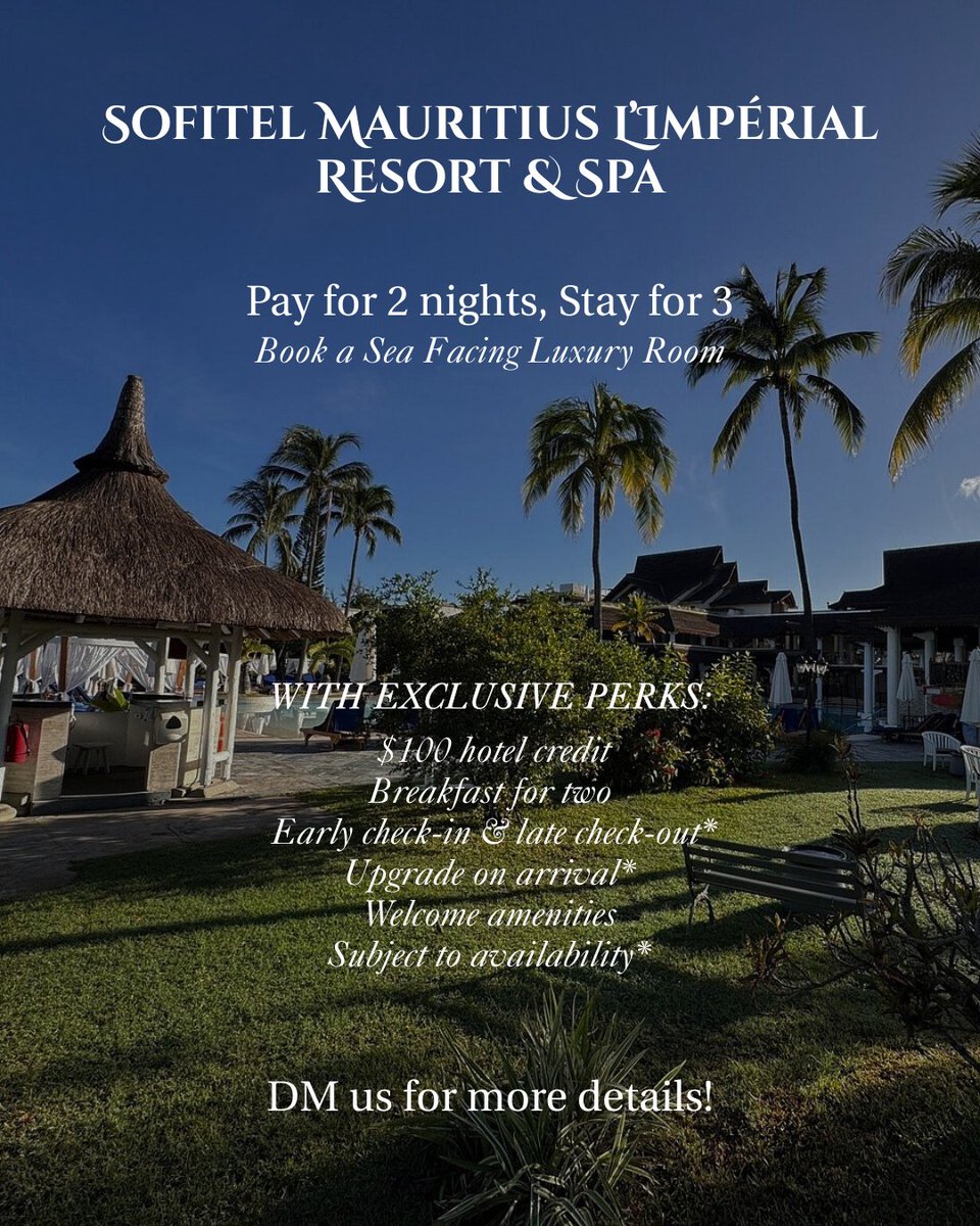 AceOfHighlands's tweet photo. If Mauritius has been on your list, this is your sign🌴✨

Stay 3 nights at Sofitel Mauritius L'Imperial Resort &amp; Spa for the price of 2, with added perks like breakfast, hotel credits and more.

Great value, limited-time offer!
DM us to know more.

#AceOfHighlands #LuxuryTravel https://t.co/XTMciiPO4I