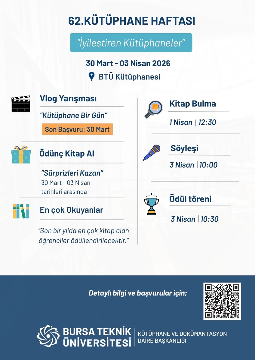 btukutuphane's tweet photo. 📢62. Kütüphane Haftası “İyileştiren Kütüphaneler” temasıyla çeşitli etkinlik ve yarışmalar ile kutlanacaktır.

🔗Detaylar:
https://t.co/jtTSn0joO9 https://t.co/ENKzT7IpcA