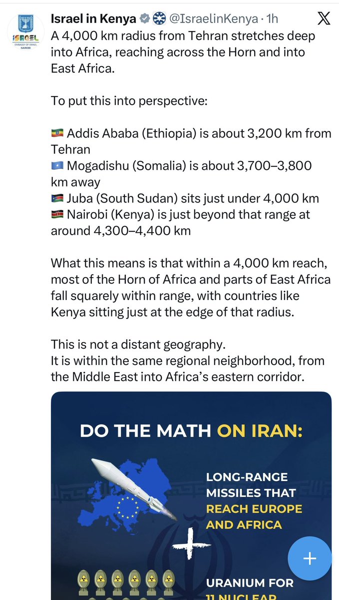 dhoorebbc's tweet image. #Israeli embassy in #Nairobi says #Iran missiles can stretch deep into Africa, reaching across the Horn and into East Africa, mentioning particularly Addis Ababa, #Mogadishu, Nairobi, and Juba.