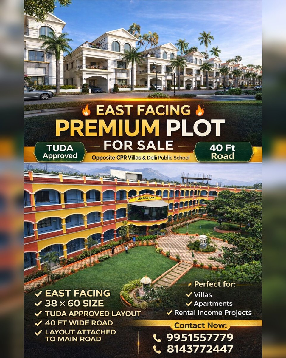 CallMeJK10's tweet image. 🏡 Premium East Facing Plot @ Prime Location – Opposite CPR Villas &amp;amp; Delhi Public School;Tirupati

#Tirupati #TirupatiRealEstate #PlotsForSale #OpenPlot #EastFacing
#TudaApproved #RealEstate #PropertyForSale #LandForSale
#Investment #PropertyInvestment #VillaPlots #PrimeLocation