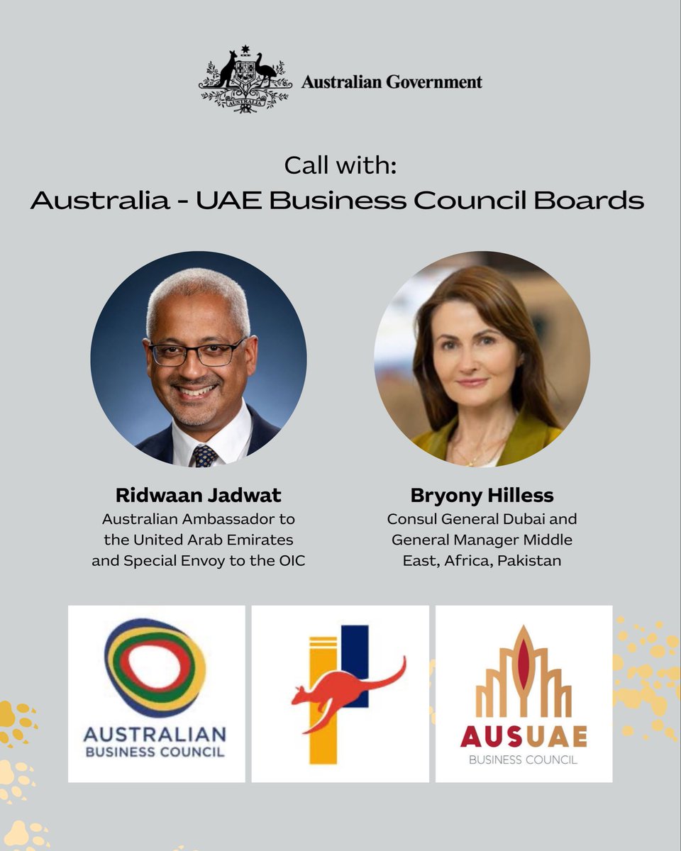 Today, I was joined by Consul-General Hilless and our teams, along with our Emirati partners, including His Excellency Fahad Al Taffaq, UAE Ambassador to Australia, and His Excellency Hareb Al Mheiri, Co-Chair of the Australia–UAE Business Council, for a call with the boards of