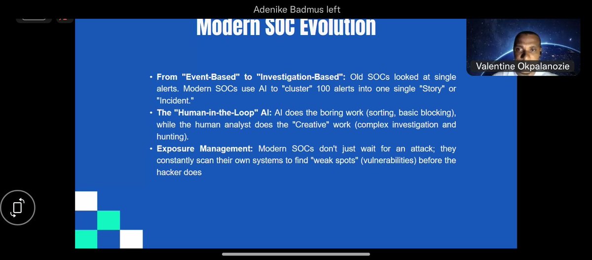 mark_nimi's tweet photo. Deep dive into #SOC operations yesterday w/ Valentine Okpalanozie @TechSphereAcad! 
🔹 Shifted from "Event" to "Investigation" focus.
🔹 AI clusters the noise so analysts can hunt real threats.
🔹 Compliance (GDPR/HIPAA) is a major driver for 24/7 monitoring.
#CyberSecurity https://t.co/ujplwGwSjl