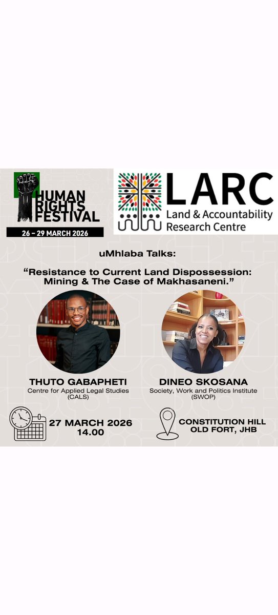 LarcUCT's tweet image. Join us tomorrow for a screening of an episode of uMhlaba Talks Podcast where Dr @DineoSks from @SWOPInstitute and Thuto Gabaphethe from @CALS_ZA will be on our panel. 

#HumanRightsFestival  #podcast #screening #landrights 

@VisitConHill