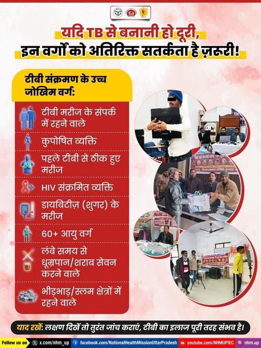 सतर्क रहें, सुरक्षित रहें — क्योंकि TB किसी को भी हो सकता है!
यदि आप टीबी मरीज के संपर्क में रहते हैं, कुपोषित हैं, पहले टीबी से ठीक हो चुके हैं, HIV संक्रमित हैं, लंबे समय से धूम्रपान या शराब का सेवन करते हैं <a href="/AmitGhoshIAS/">Amit Ghosh</a> <a href="/moansadhana/">amit ojha</a> <a href="/ntep_UP/">TB Mukt Bharat- Uttar Pradesh</a> <a href="/nhm_up/">NHM UP</a> <a href="/TBHDJ/">TB Harega Desh Jeetega</a> <a href="/khpt4change/">KHPT</a>