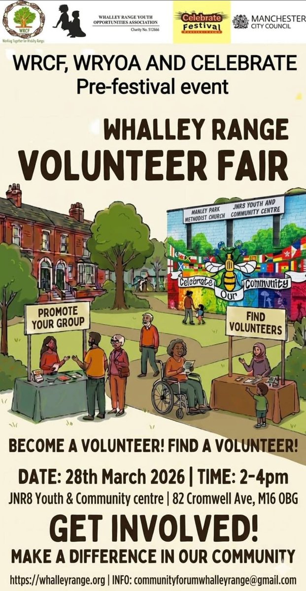 WhalleyRangeorg's tweet photo. Our pre-Celebrate festival event - the Whalley Range Volunteer Fair - is coming up on Saturday 28th March 2-4pm at JNR8! 
Find out more about the fantastic community groups and opportunities across the Whalley Range area, learn new skills, share your  skills and make new friends! https://t.co/63wkn37K4l