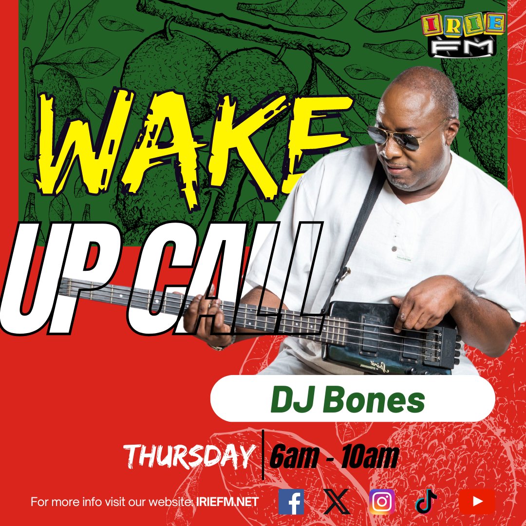 IRIE_FM's tweet photo. Rise and shine! DJ Bones is LIVE on Irie FM with the โWake Up Callโ from 6 AM - 10 AM! ๐ถ๐ค Tune in and start your day the Irie way! ๐๐ป #WakeUpCall #DJBones #IRIEFMLive #MorningVibes @djbonesja https://t.co/wintTZupwB
