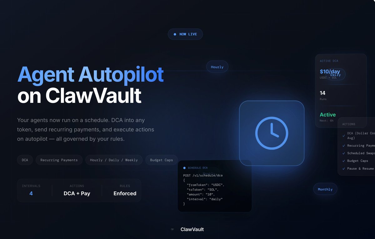 Introducing Scheduled Actions on ClawVault

→ DCA into any token (hourly, daily, weekly)
→ Recurring payments on a schedule
→ Budget caps + auto-stop
→ Pause, resume, cancel anytime

Set the rules. Set the schedule. Walk away.

Every action still goes through the rules