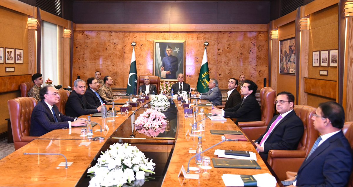 President <a href="/AAliZardari/">AsifAliZardari</a> chairing a high-level meeting at Aiwan-e-Sadr along with Prime Minister <a href="/CMShehbaz/">Shehbaz Sharif</a>, Field Marshal Syed Asim Munir, NI (M), HJ, COAS &amp; Chief of Defence Forces, Chairman PPP <a href="/BBhuttoZardari/">Bilawal Bhutto Zardari</a> and cabinet members.