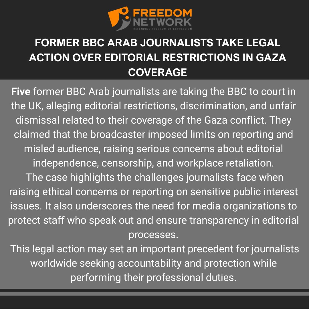pressfreedompk's tweet image. Former BBC Arab journalists are taking the BBC to court, alleging editorial restrictions and unfair dismissal. The case relates to coverage of the Gaza conflict and raises issues of journalists’ rights and editorial independence. 
#PressFreedom #MediaFreedom #JournalistSafety