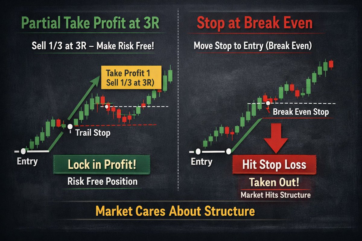 context__trader's tweet image. #tip
When i was back testing (trailing &amp;amp; selling ) , i noticed that 
Making risk free by selling a portion (let’s say 1/3 at 3r ) &amp;gt; placing stop at cost 

*reason - market care about structure which was your sl not sl at cost
