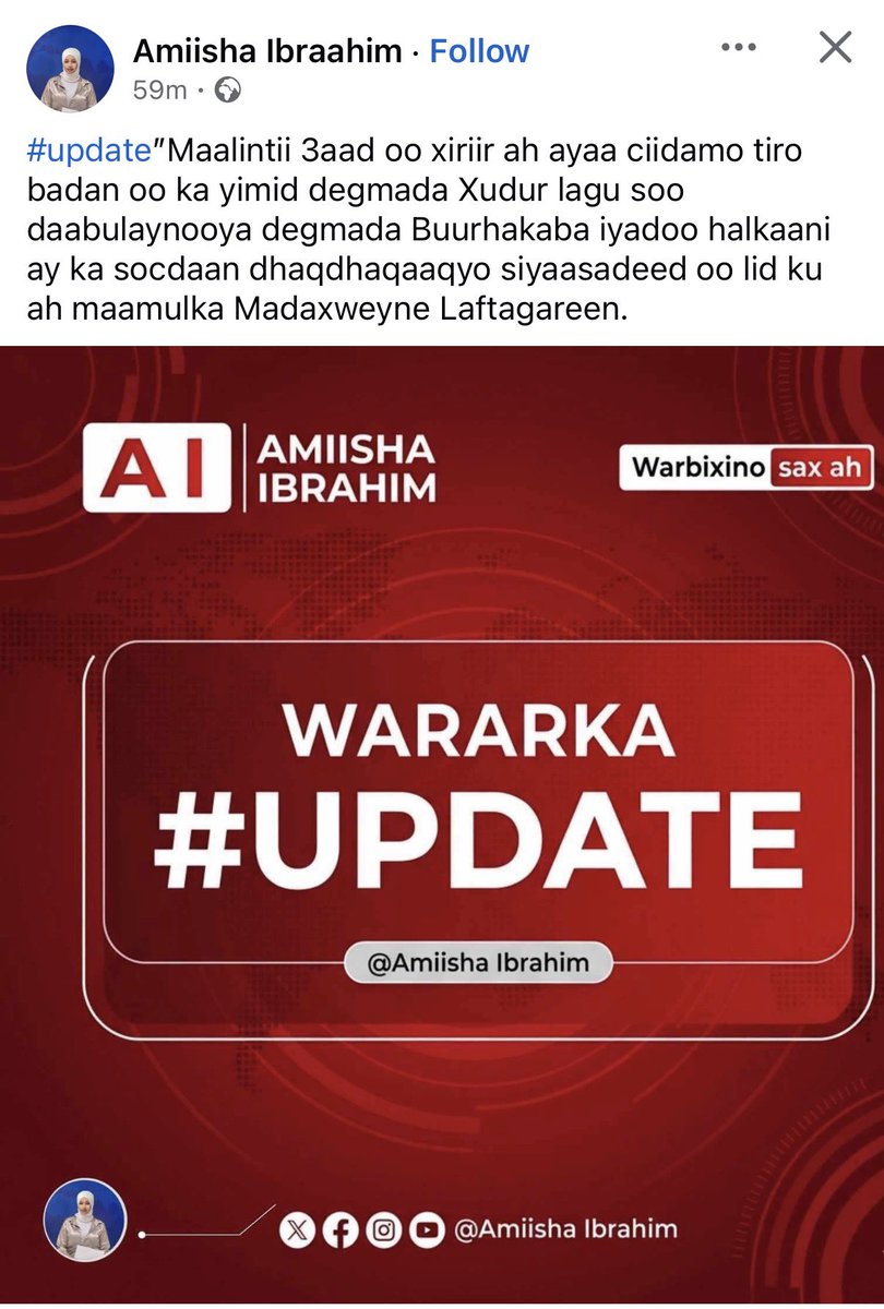 LibanIyow's tweet photo. Amiisha Ibraahim @Amiishibrahim waa gabar weriye ah oo ka soo jeeda Koonfur Galbeed, kana mid ah weriyeyaasha ugu firfircoon ee si joogto ah ula socda ugana warbixiya xaaladaha siyaasadeed iyo bulsho ee deegaannadaas. Amiisha waxay door muuqda ka qaadatay kobcinta warbaahinta iyo wacyigelinta shacabka Koonfur Galbeed.