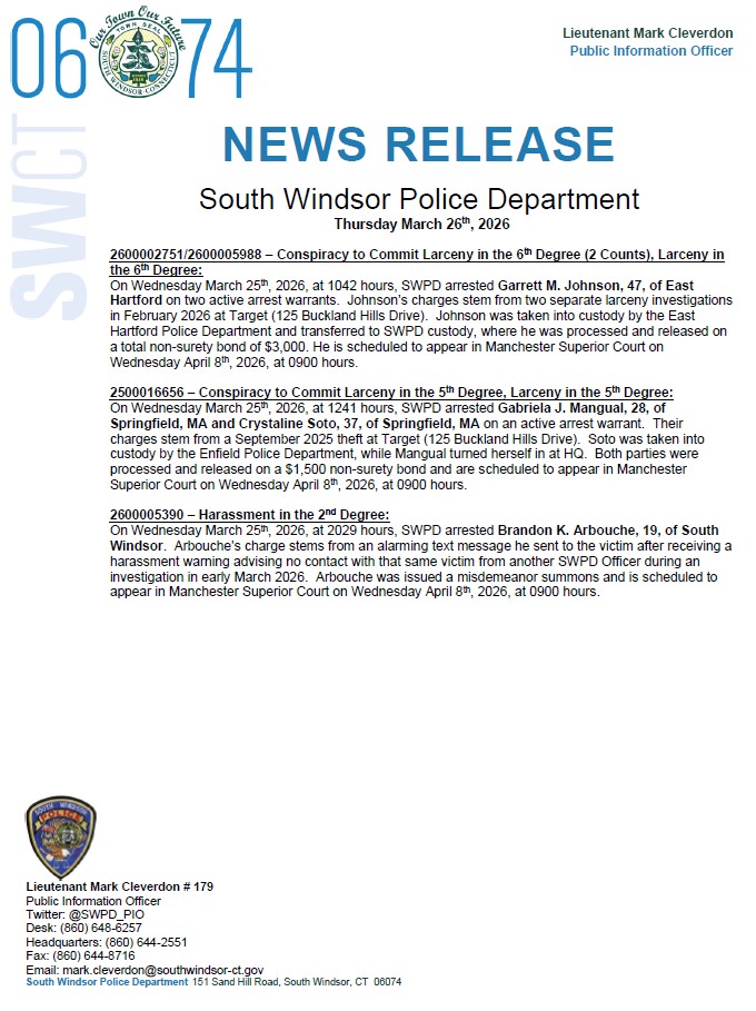 South Windsor Police Department PIO tweet media