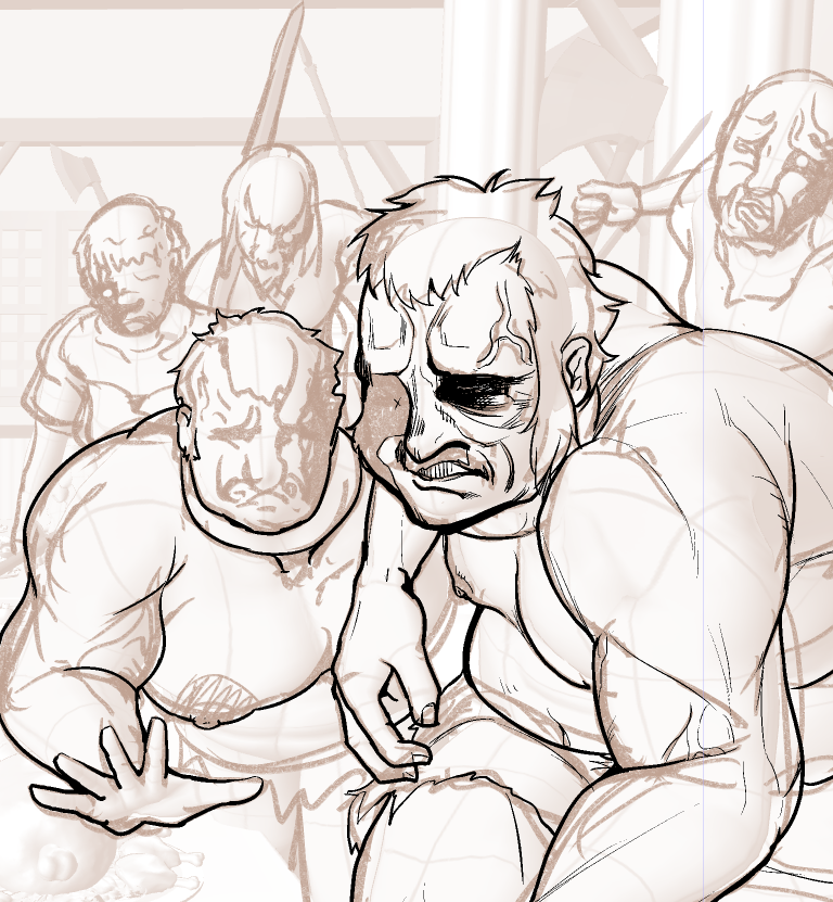 ネーム担当のもうってやつがアホだったせいで、何故か大量のおっさんを書くはめなったので
わたくしペン入れ担当のもうは、おっさんの乳輪をクソデカくして抗議した。 