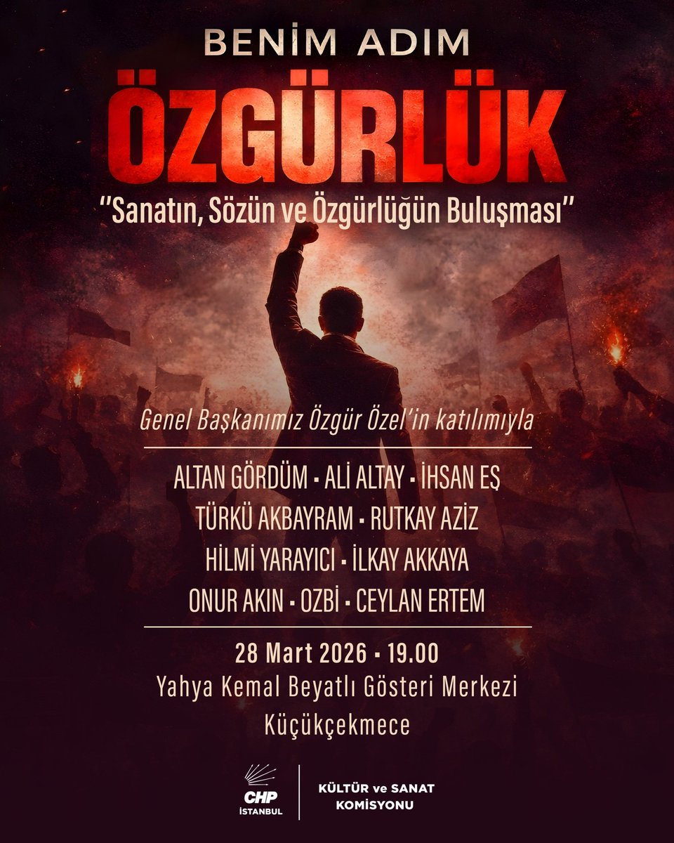 Biriz, birlikteyiz!

19 Mart’ın birinci yılında Cumhurbaşkanı adayımız Ekrem İmamoğlu, tutuklu belediye başkanlarımız ve yol arkadaşlarımıza özgürlük demek için “Sanatın, Sözün ve Özgürlüğün Buluşması’nda” usta isimler ve sanatçılarımızla bir arada olacağız. 

Genel Başkanımız