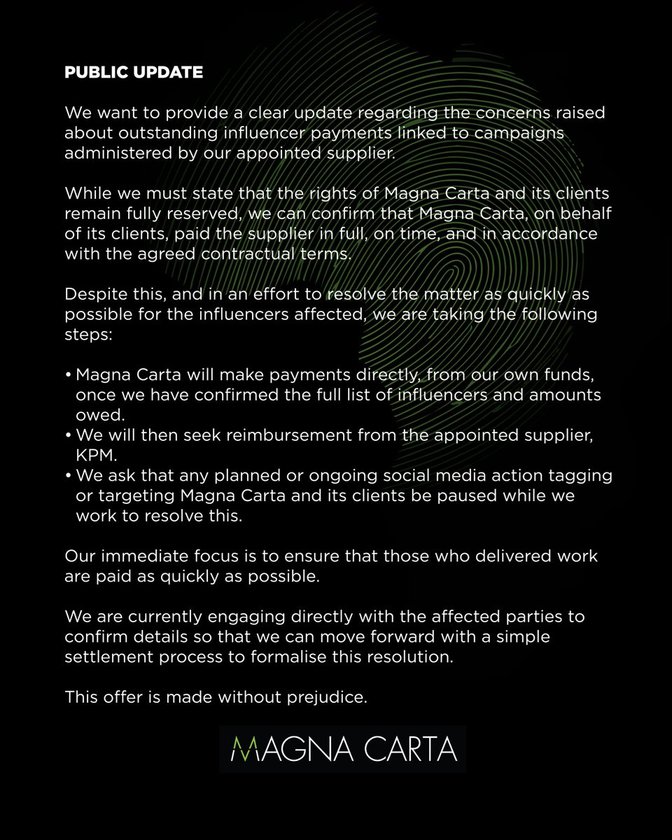STATEMENT: 

Magna Carta commits to paying influencers directly 

Following the drama surrounding Kgudie and her company Kgudisa Peu Media not paying influencers, Magna Carta has committed to paying influencers that can verify their work all the money due to them ... "With no