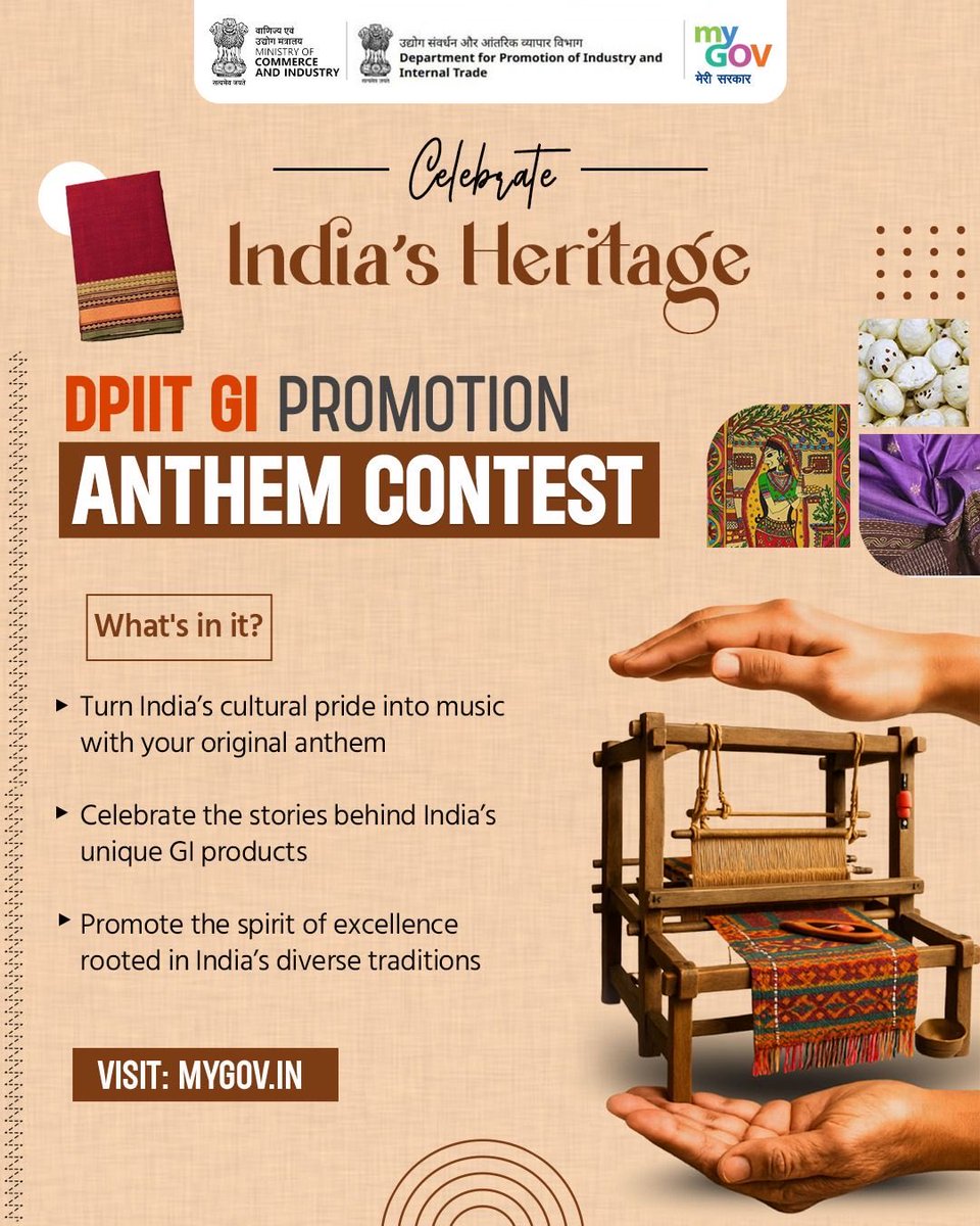 transformIndia's tweet image. Celebrate India’s heritage through music 

Create an anthem for the DPIIT GI Promotion Contest and showcase the spirit of GI products and craftsmanship.

Join now 👉 mygov.in/task/celebrate…

#VocalForLocal #GIProducts @DoC_GoI