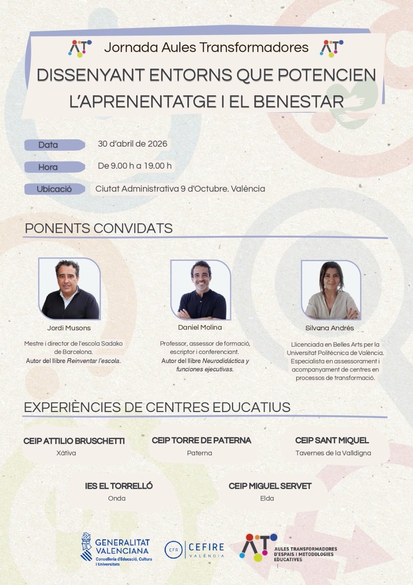GVA_Cefire's tweet photo. 📢 Inscripció oberta!

✨El pròxim 30 d'abril, t'esperem per a connectar amb ponències molt interessants i compartir experiències inspiradores amb altres docents.

��� Si imagines una escola diferent, este és el teu espai. 

📝 Inscriu-te 👇🏻
🔗 https://t.co/aHlZuEe2S7 https://t.co/83Pk70JX93