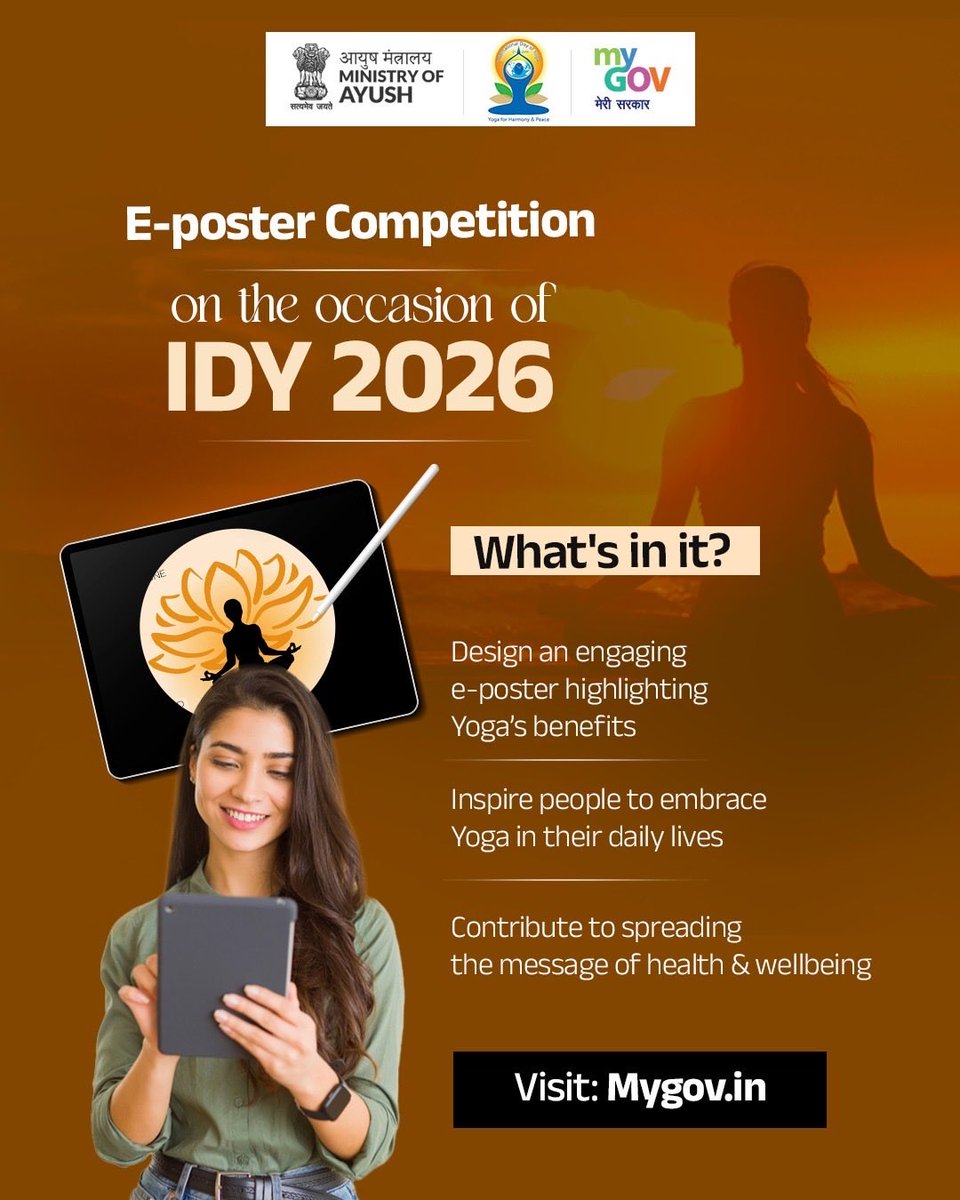 transformIndia's tweet image. Turn creativity into wellness

Design an e-poster for IDY 2026 and inspire a healthy, balanced life.

Participate now 👉 mygov.in/task/e-poster-…

#HealthyIndia #YogaForLife @EduMinOfIndia