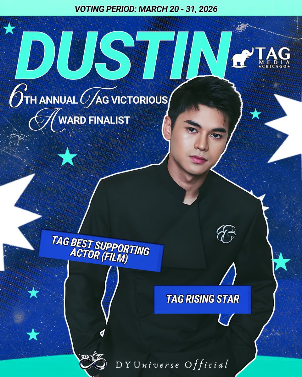 dyu_vt's tweet photo. 𝑫𝑼𝑺𝑻𝑰𝑵 𝒀𝑼 𝑭𝑶𝑹 𝑻𝑨𝑮 𝑴𝑬𝑫𝑰𝑨 𝑪𝑯𝑰𝑪𝑨𝑮𝑶

Hey, Stardusts! We're back again for another round of voting. ✨

Dustin is officially nominated for TAG Best Supporting Actor (Film) and TAG Rising Star at the 6th TAG Victorious Awards.

HOW TO VOTE: 
- Follow @tagmediachicago on all social media platforms, and subscribe on their Youtube channel.
- Find the TAG Best Supporting Actor and TAG Rising Star categories.

➡️ For TAG Best Supporting Actor 

X, IG, TIKTOK, & FB 
Comment: I followed and I vote Dustin Yu for #6thTAGAwardsChicago TAG Best Supporting Actor (Film) and I challenge @___ to do the same. 

YOUTUBE
Comment: I subscribed and I vote for Dustin Yu for #6thTAGAwardsChicago TAG Best Supporting Actor (Film). 

➡️For TAG Rising Star

X, IG, TIKTOK, & FB
Comment: I followed and I vote Dustin Yu for #6thTAGAwardsChicago TAG Rising Star and I challenge @___ to do the same.

YOUTUBE
Comment: I subscribed and I vote for Dustin Yu for #6thTAGAwardsChicago TAG Rising Star.

You may also purchase voting points via the Patreon app for boosted votes!
VOTING CLOSES ON: MARCH 31,2026

Let's go all out and make sure his hard work gets the recognition it deserves. 

All for Yu. 💙

#DustinYu #6thTAGAwardsChicago