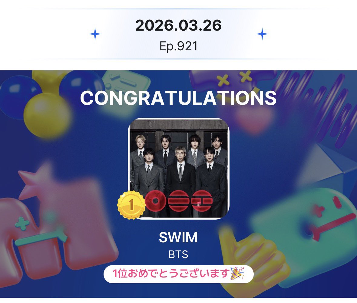 yukipato1105's tweet image. #BTS_SWIM 
㊗️ エムカ1位おめでとう🎉🎉🎉

CONGRATULATIONS BTS
#Swim2ndWin #BTS166thWin