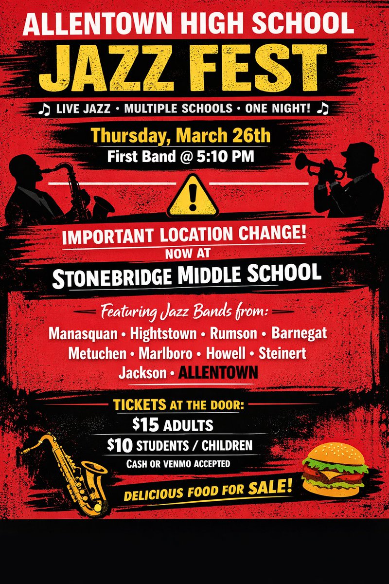 It's a Show Day (on a Thursday)! The BHS Jazz Ensemble will be performing for the Allentown High School Jazz Festival TONIGHT at 6:30 pm! Tonight's festival is taking place at Stonebridge Middle School in Allentown (1252 Yardville Allentown Rd, Allentown, NJ 08501)! 🎶🎷🎺