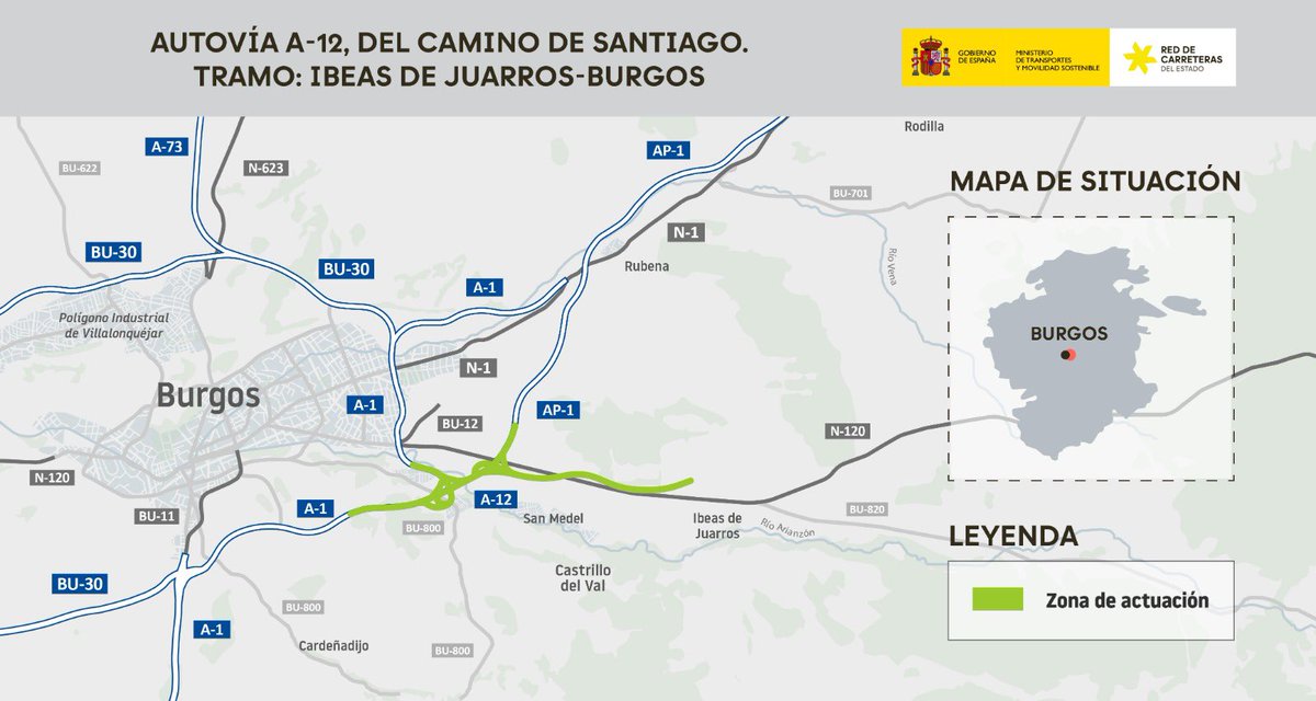 Aprobamos el trazado del tramo de 5,62 km de Ibeas de Juarros a Burgos de la autovía A-12, con una inversión global de 126,5 M€.

Actuación clave para descongestionar el tráfico de la N-120, por la que circulan 9.400 vehículos al día.