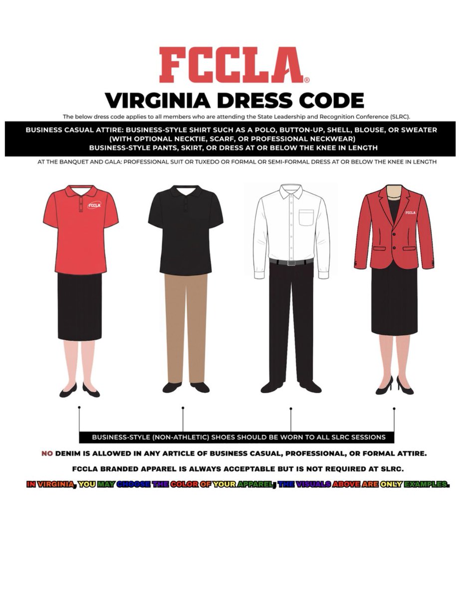 We are two weeks away from our #VAFCCLA pre-conference networking event for students and the opening of on-site registration packet pickup for #FCCLA advisers and lead chaperones! As you pack for state conference, be sure to follow our dress code for appropriate attire. #SLRC26