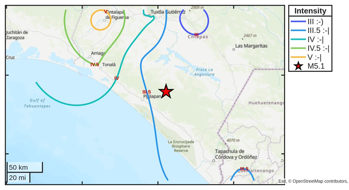Mapa de intensidad del #sismo M5.1 ocurrido a las 11:07:05 (UTC) con epicentro a 36 km de #Pijijiapan, México. Descarga la app Sismo Detector desde sismo.app/es/download para recibir alertas en tiempo real en tu smartphone