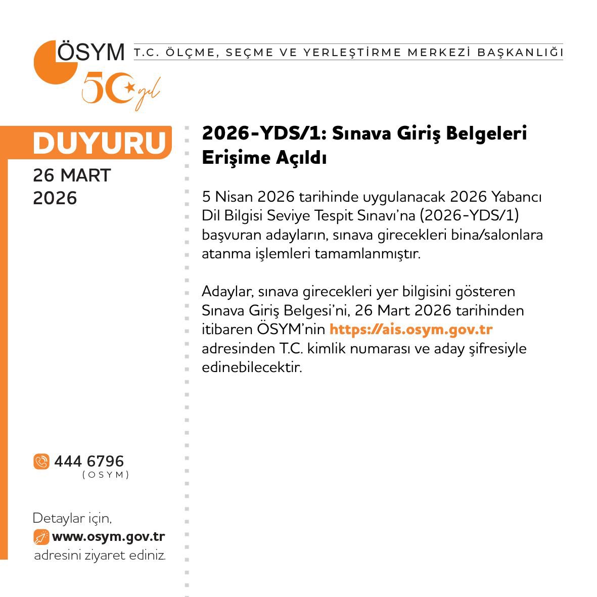 OSYMbaskanligi's tweet photo. 2026-YDS/1: Sınava Giriş Belgeleri Erişime Açıldı

https://t.co/70OeUUrI5d https://t.co/kkkfPvPjJy