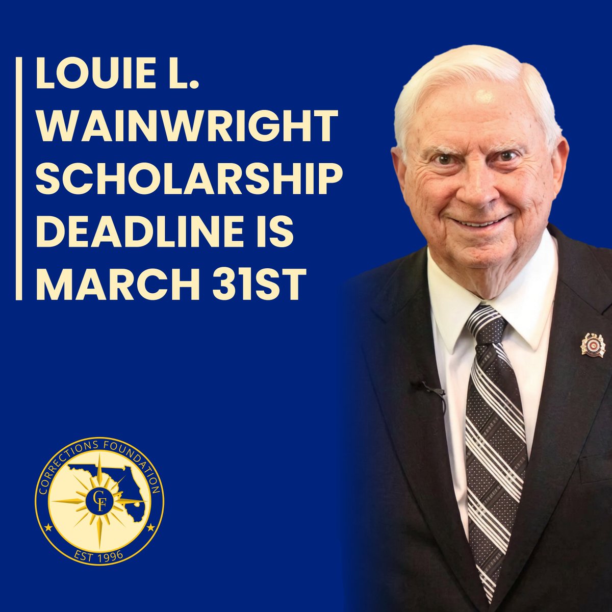 CorrectionsFndn's tweet photo. The March 31st deadline to apply for a Louie L. Wainwright Scholarship is rapidly approaching. Get details and apply at https://t.co/G8buZOCsyu https://t.co/Bhyfwd0ok7 https://t.co/JcYJB8g9UX