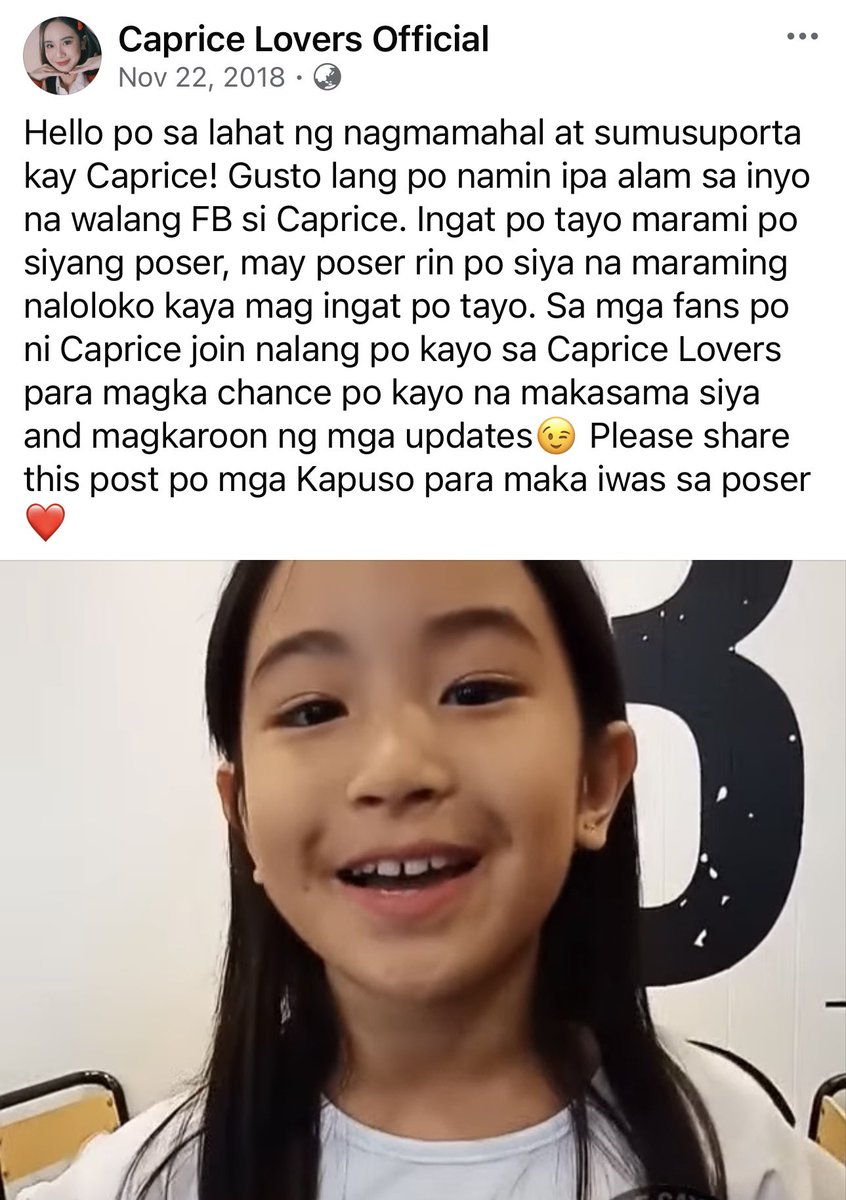 Saw this while scrolling sa Caprice Lovers page. Grabe naman na may poser na pala sa FB si 10 year old Caprice. 

#CapriceCayetano