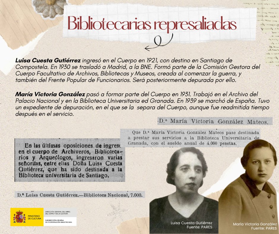 👩‍🎓 Las bibliotecarias contribuyeron a fomentar el acceso a la educación y la cultura de una población (en la España de principios del s. XX) en gran parte analfabeta. Fueron pioneras en diversos campos, pero la guerra civil frustró sus carreras profesionales y algunas vidas. 🧵👇