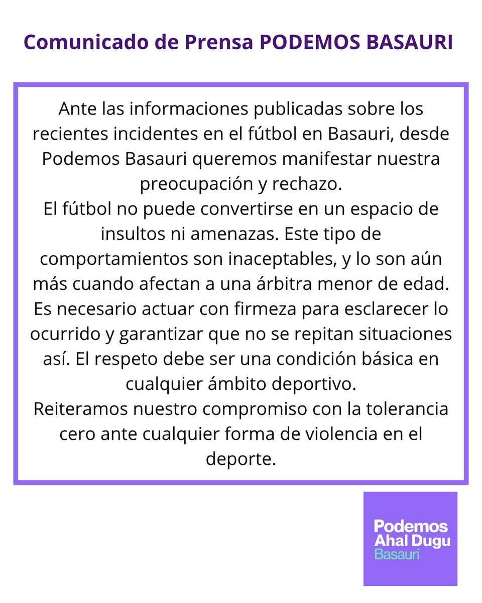 PodemosBasauri's tweet photo. 🔴Ante los recientes bochornosos incidentes en el fútbol en Basauri, desde Podemos mostramos nuestra preocupación y rechazo.
❌Insultos y amenazas son inaceptables. Es necesario actuar con firmeza. Tolerancia cero ante la violencia en el deporte. https://t.co/DrzJ35n2Ci