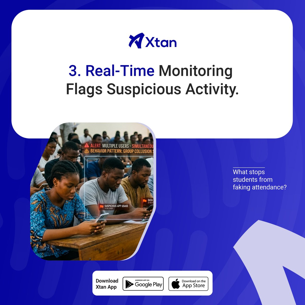 xtanapp's tweet photo. What stops students from faking attendance?
* Location radius restricts check-in to class venue
* Device authentication prevents multiple logins
* Real-time monitoring flags suspicious activity

#XTAN #XTANApp #Xtrack #XTANFocus #AcademicExcellence #WorkforceManagement https://t.co/hx76QTKiVh